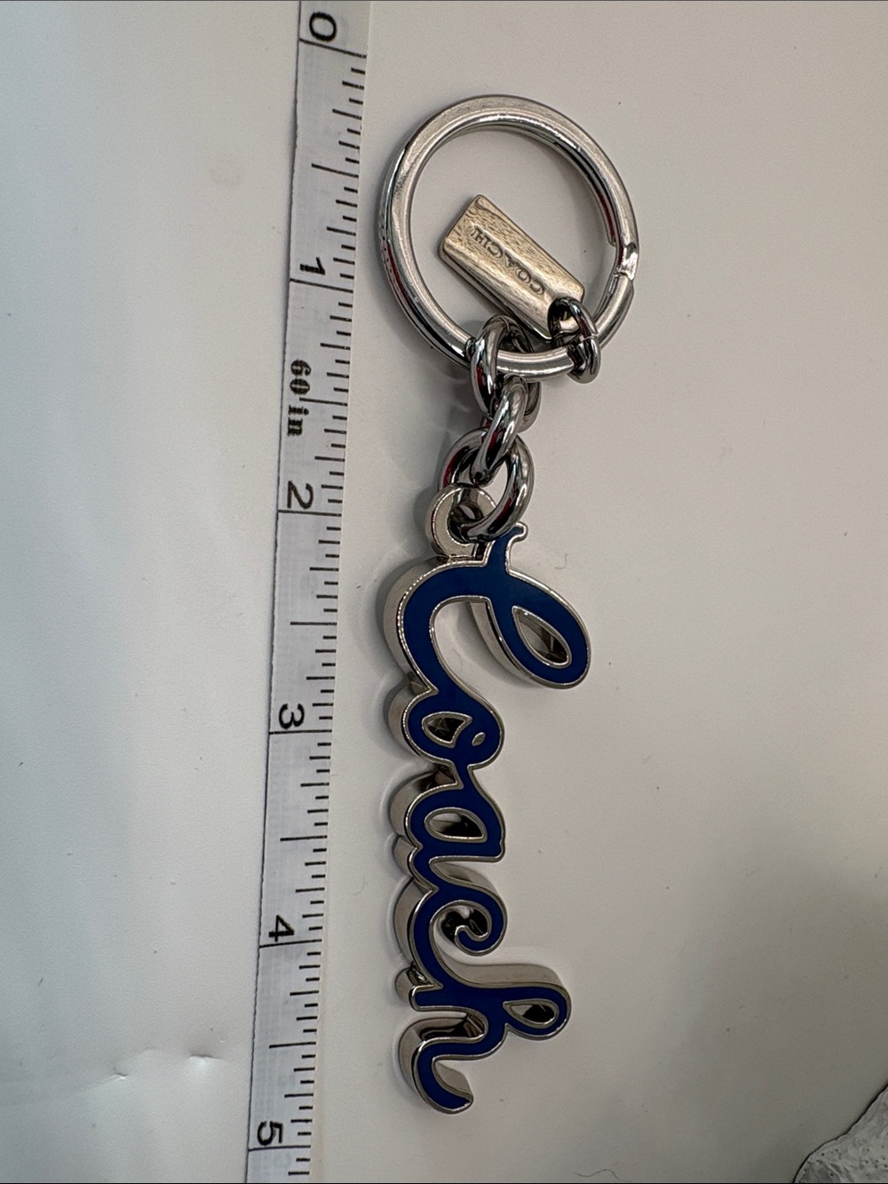 Coach Blue Script Logo Keyring with Silver Hardware